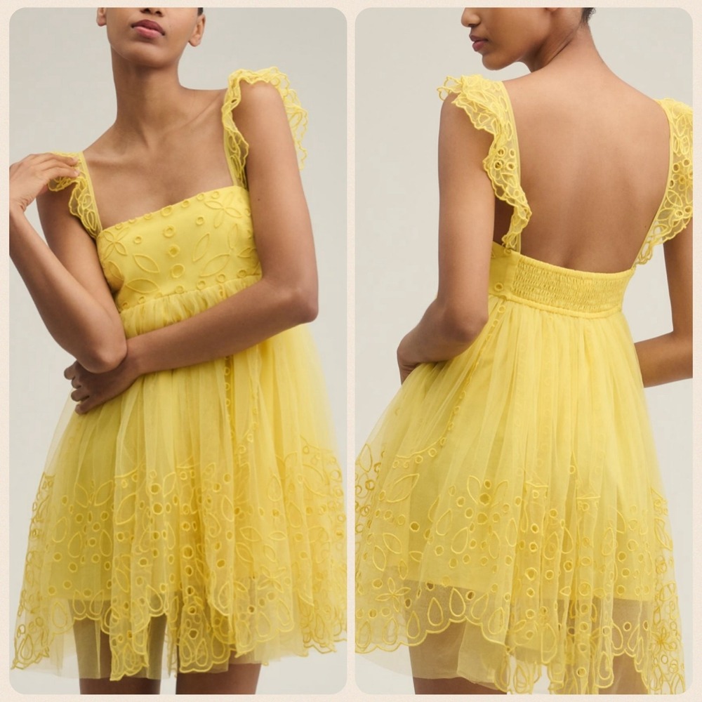 Anthro X Let Me Be Yellow Eyelet Tulle Mini Dress women's size XL NEW‎ romantic